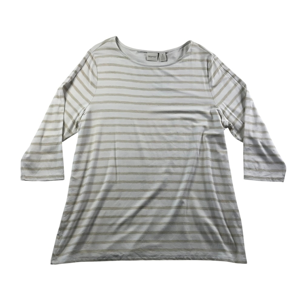 Zenergy by Chicos Priya Neutral Stripe Top Cement White 3/4 Sleeve Size 3 NEW
